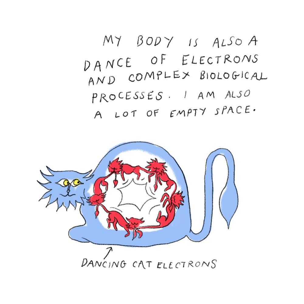 Text reads: My body is also a dance of electrons and complex biological processes. I am also a lot of empty space. 
